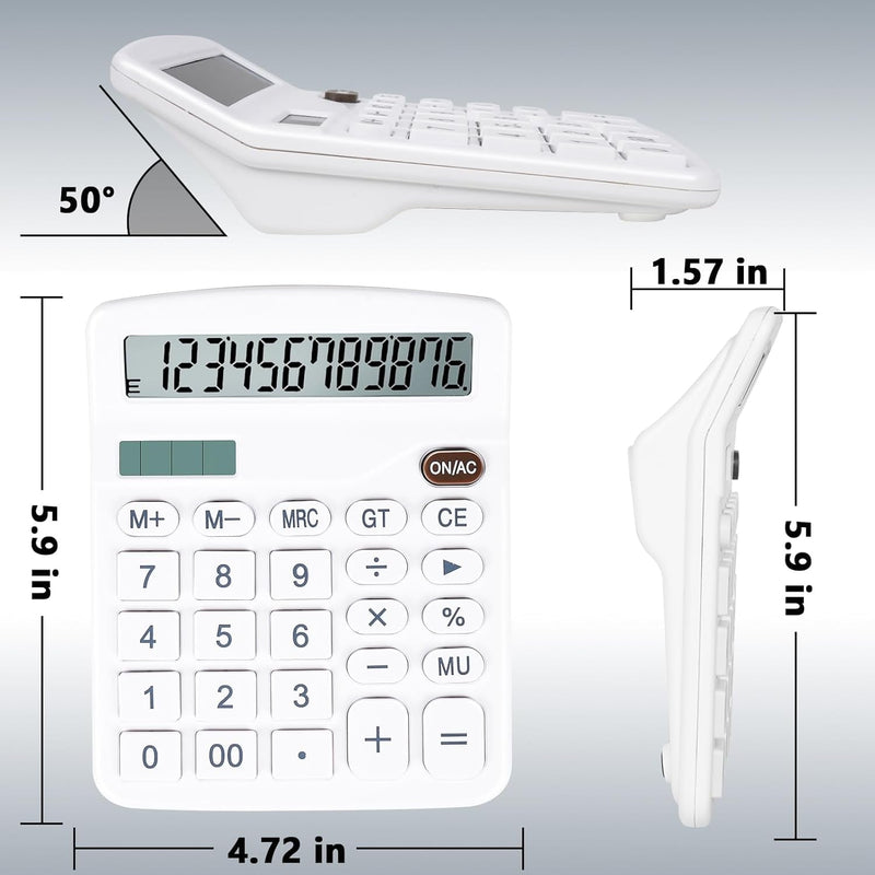 Cute White Desktop Calculator with Big Buttons, Dual Power Source, Solar and Battery, Large Display Screen - Perfect for Office, Teachers, and Students (White)