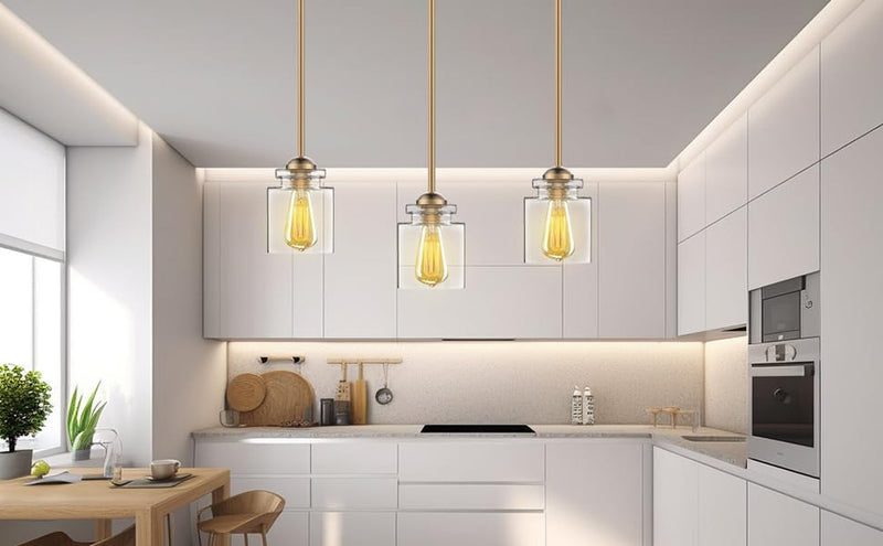 Glass Pendant Lighting Fixture Modern Golden Clear Glass Cylinder Pendant Light,Pendant Lights for Kitchen Island Modern Ceiling Lights for Living Room PACK of 2(Bulb Not Included)