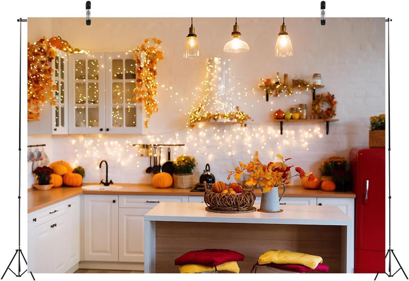 BELECO 7X5Ft Fabric Thanksgiving Kitchen Backdrop Autumn Pumpkin Maple Leaves White Cabinet Kitchen Cooking Tools Modern Kitchen Background Fall Thanksgiving Themed Party Decoration Photo Studio Prop