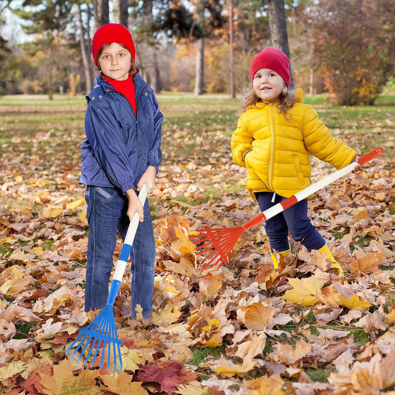 2PCS Kids Rakes for Leaves, 28" Child Size Garden Rake Childrens Lawn Rake Toddler Leaf Rake Blue Red Plastic Head Kid Yard Rakes with Detachable Hardwood Handle Great Gardening Tools for Boy Girl