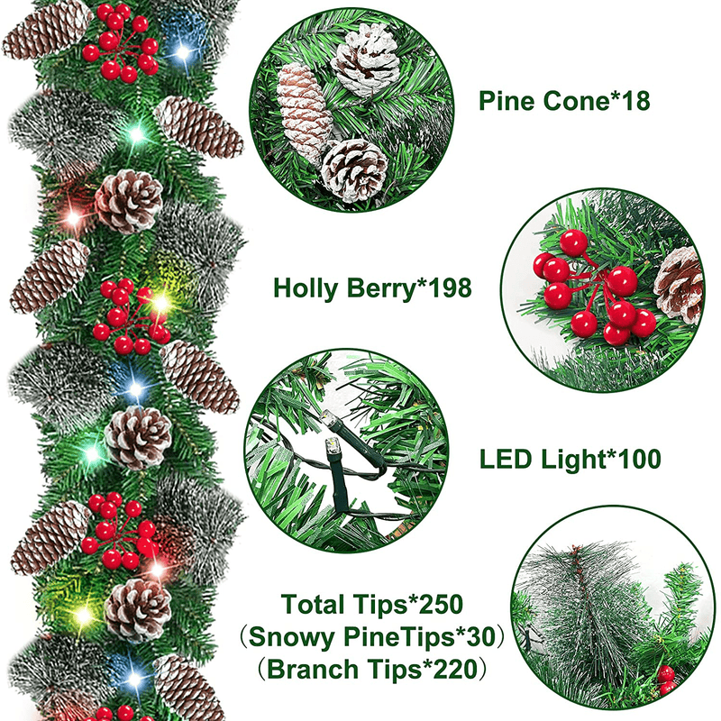 9Ft 100LED Prelit Artificial Christmas Garland Lights Timer 8 Modes Battery Operated 18 Pinecone 198 Red Berries Snow Bristle Pine Xmas Christmas Decoration Mantle Fireplace Indoor Outdoor Home Home & Garden > Decor > Seasonal & Holiday Decorations& Garden > Decor > Seasonal & Holiday Decorations TURNMEON   