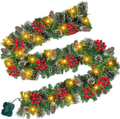 9Ft 100LED Prelit Artificial Christmas Garland Lights Timer 8 Modes Battery Operated 18 Pinecone 198 Red Berries Snow Bristle Pine Xmas Christmas Decoration Mantle Fireplace Indoor Outdoor Home Home & Garden > Decor > Seasonal & Holiday Decorations& Garden > Decor > Seasonal & Holiday Decorations TURNMEON Warm  