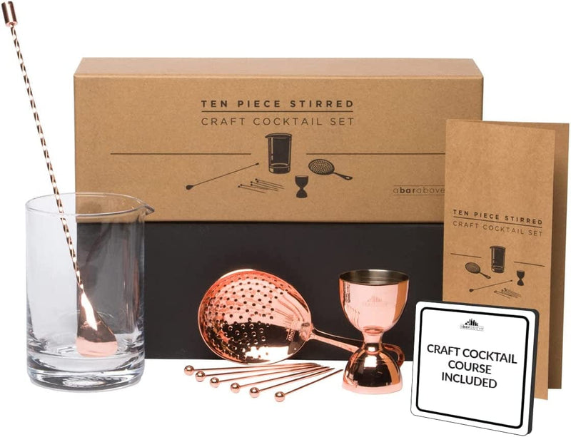 A Bar above Old Fashioned Cocktail Kit – 10 Pc Cocktail Mixing Glass Set, Stirred Martini Set Includes Crystal Mixing Glass W/Bar Spoon, Julep Strainer, Bell Jigger & Reusable Cocktail Picks Home & Garden > Kitchen & Dining > Barware A Bar Above Copper  
