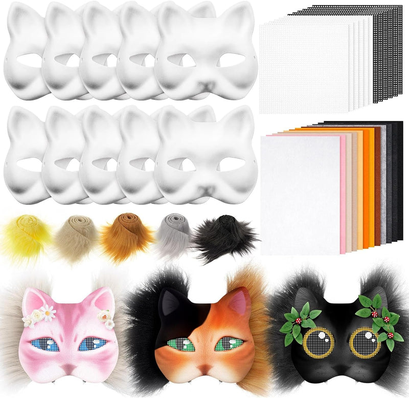 DIY Therian Mask Kit Blank Cat Mask with Felt Fabric Sheet Plush Faux Fur Eye Mesh for Therian Gear Therian Stuff