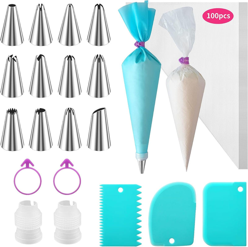 ALLTOP Piping Bags and Tips Set -Ultimate Cake Decorating Supplies Kit - Included 100 Disposable Pastry Bags, 1 Reusable Silicone Bag, 2 Couplers, 12 Frosting Tips, 2 Ties, 3 Icing Scrapers for Baking