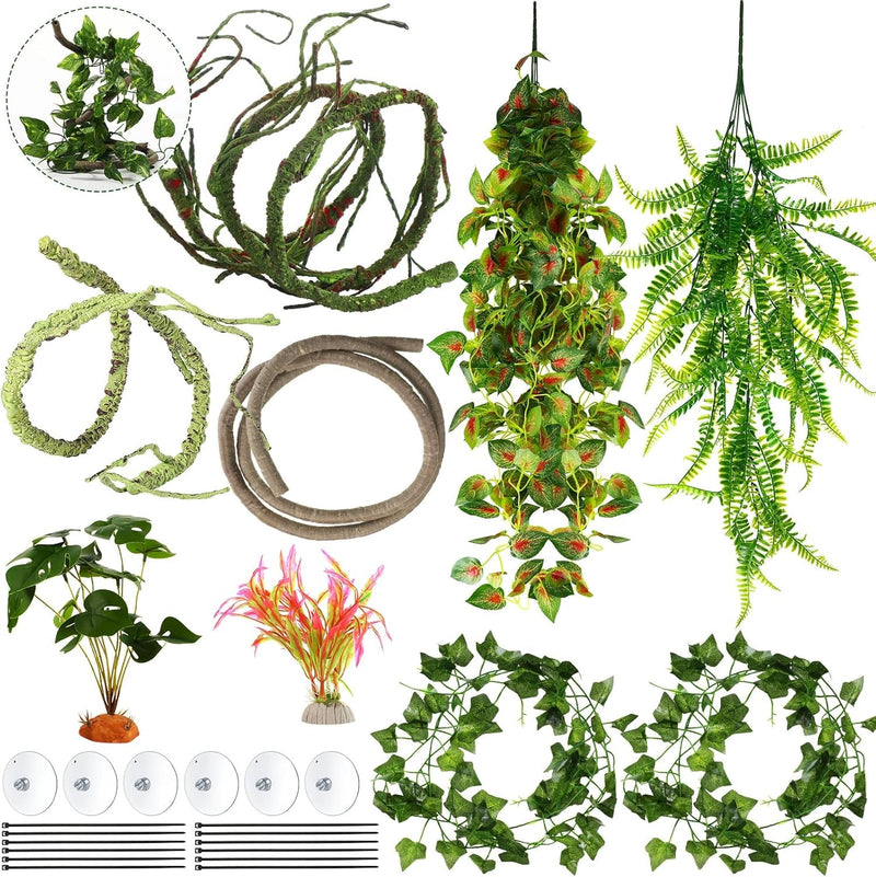 9 Pieces Reptile Jungle Vines Decor Set Include Bendable Flexible Climbing Plastic Plants with Suction Cups Tank Accessories Habitat Decor for Gecko, Snake, Hermit Crab