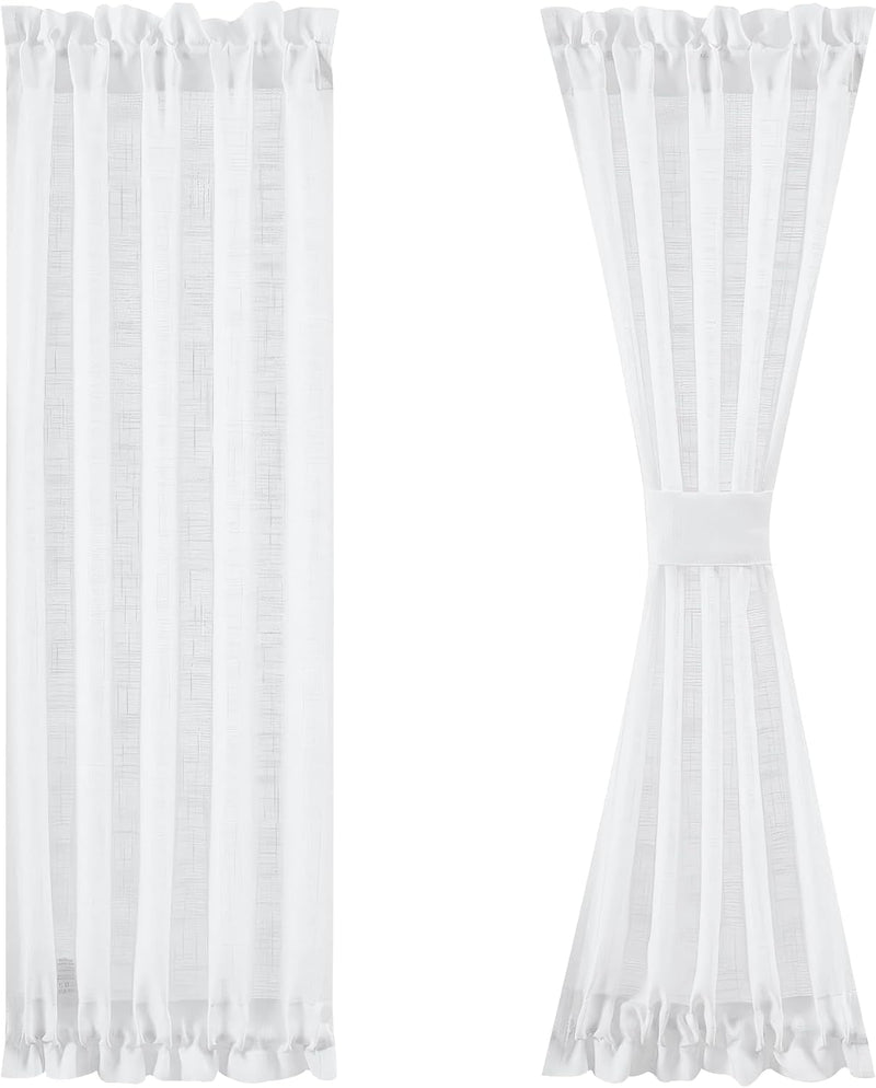 FMFUNCTEX Sheer Linen French Door Curtains White 72 Inches Long Linen Textured Front Glass Door Panel Curtain Solid Privacy Sliding Door Curtain Set Tiebacks Attached 50 Inches Wide 1 Panel