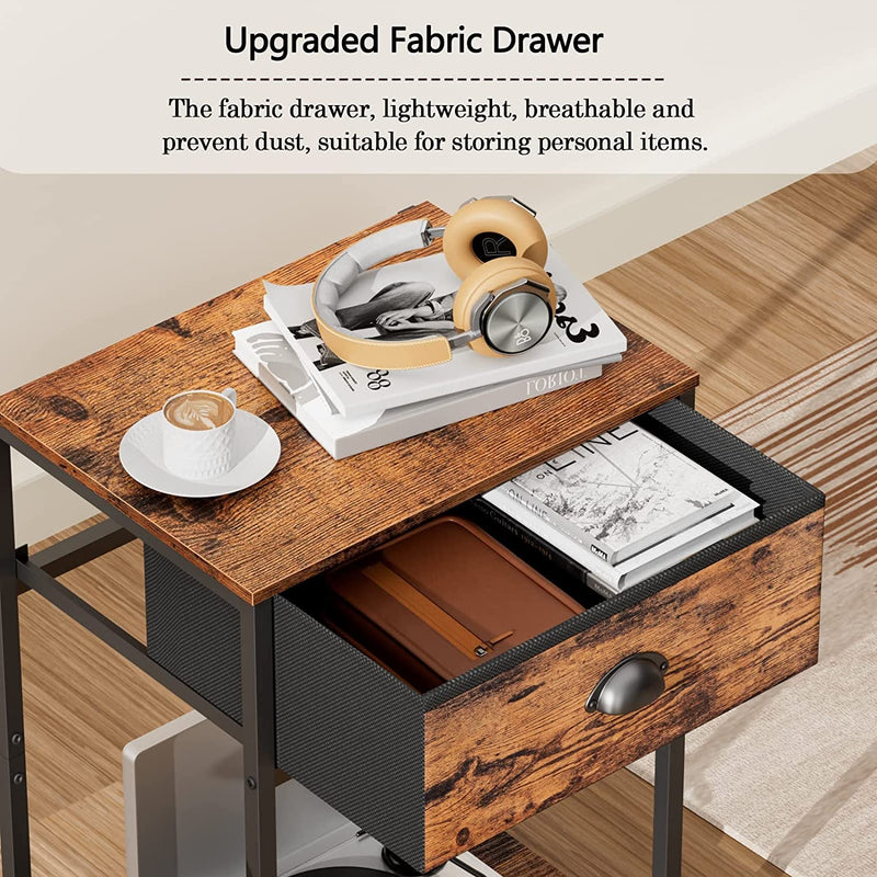 Furologee End Table with Storage Shelf and Fabric Drawer, 2 Tiers Industrial Nightstand, Bedside Table Organizer, 23.6 Inch Tall Side Table for Living Room Bedroom, Rustic Brown, Easy Assembly