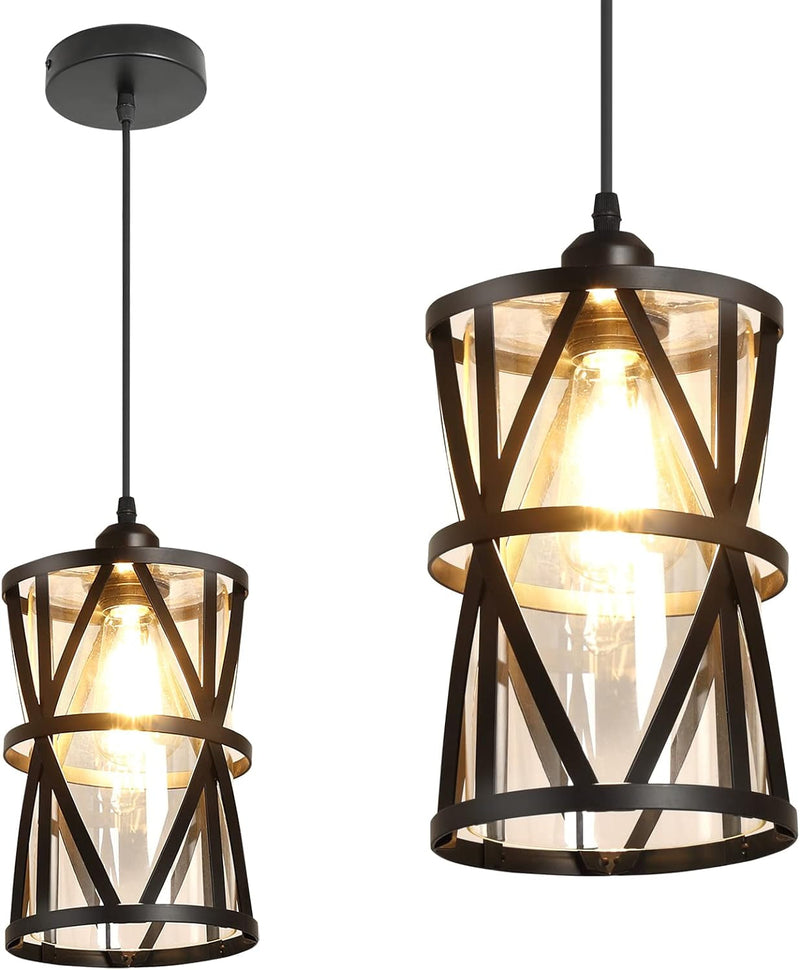 DLLT 3-Light Industrial Pendant Light, Black Metal Cage Hanging Chandelier Lights with Glass Shade, Vintage Style Flush Mount Swag Lighting Fixture for Kitchen/Dining Room/Hallway/Bedroom, E26 Base