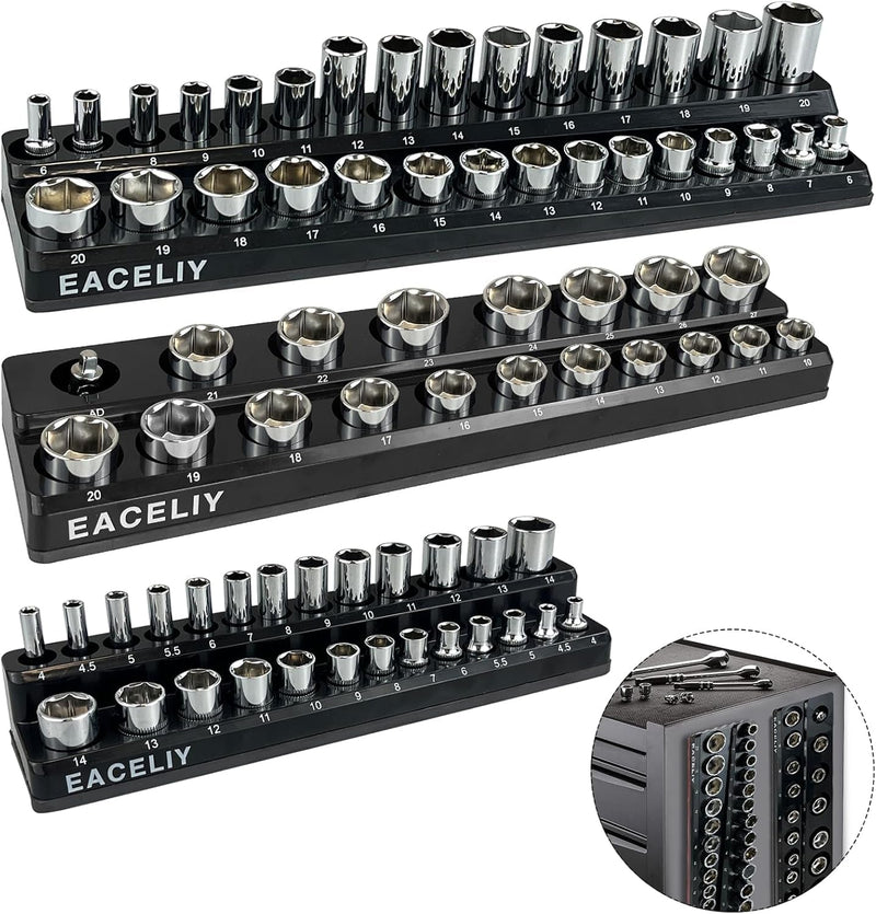 6Pcs Magnetic Socket Organizer Set, 1/2", 1/4" and 3/8" SAE & Metric Deep & Shallow Socket Holder Kit, Socket Trays，Holds 143Pcs Sockets (Sockets Not Included)