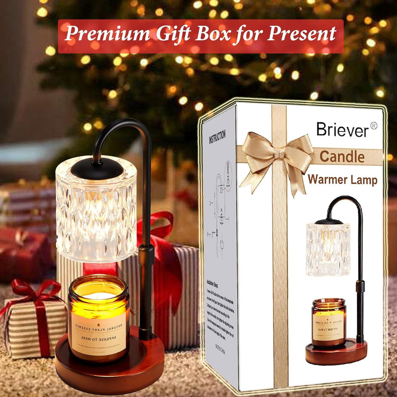 Briever Dimmable Candle Warmer Lamp with Timer, Height Adjustable Electric Candle Wax Warmer for Jar Candles, Top-Down Light Heat Melting Wax with 2 Bulbs, Walnut Solid Wood Base for Home Decor Gifts