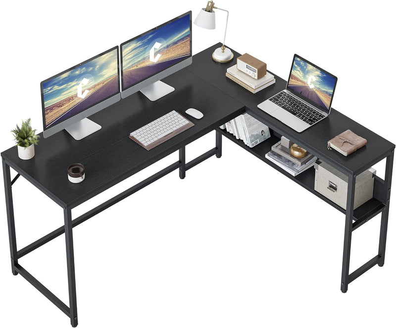 Cubicubi L Shaped Desk, 59.1 Inch Reversible Corner Desk with Storage Shelves, Home Office Desk for Writing Gaming Study, Black