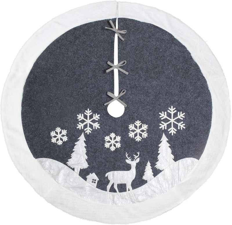 Christmas Tree Skirt, Fur Rustic White Xmas Tree Skirt,Snowy Christmas Trees Mat Decorations Indoors,Deer and Snowflake Pattern (48 Inches, White Deer)