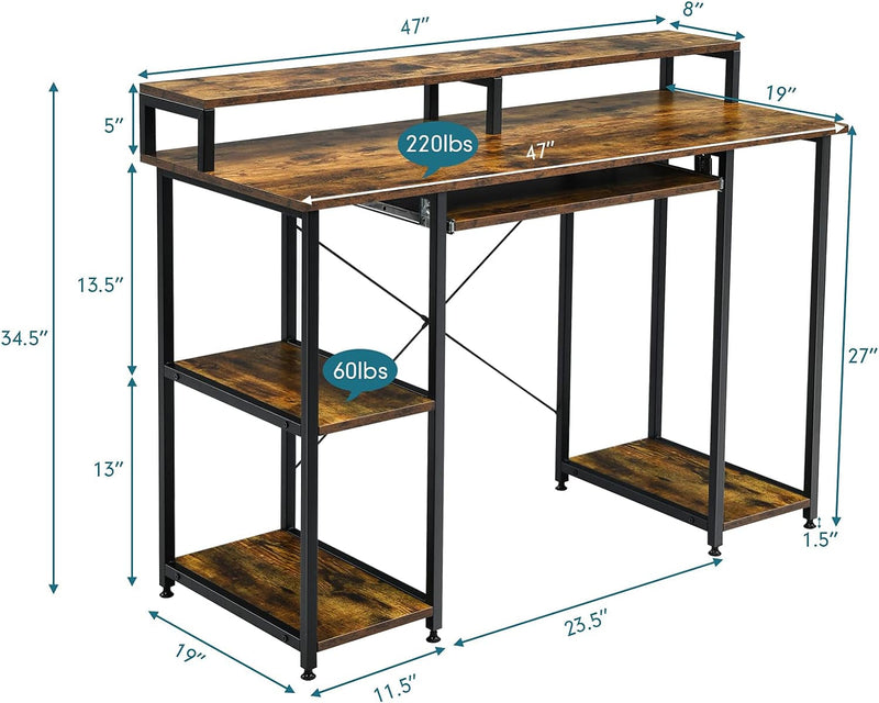 COSTWAY Computer Desk, 47’’ Home Office Table with Hutch, Book Shelves, Pull-Out Keyboard Tray, Monitor Stand, Industrial Writing Laptop Desk, for Workstation, Rustic Brown