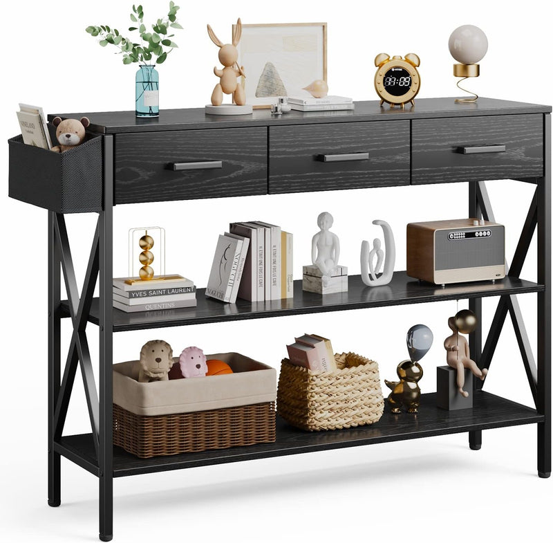 Gizoon 47" Console Table with 3 Drawers, Industrial Entryway Table with 3 Tier Storage Shelves, Narrow Long Sofa Table for Entry Way, Hallway, Couch, Living Room, Kitchen, Black