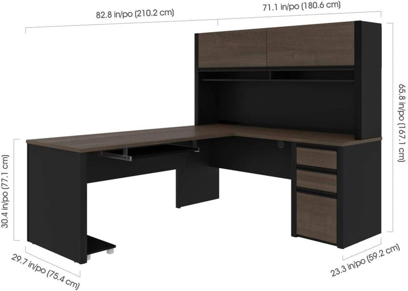 Bestar Connexion L-Shaped Desk with Hutch and Pedestal, 72W, Antigua & Black