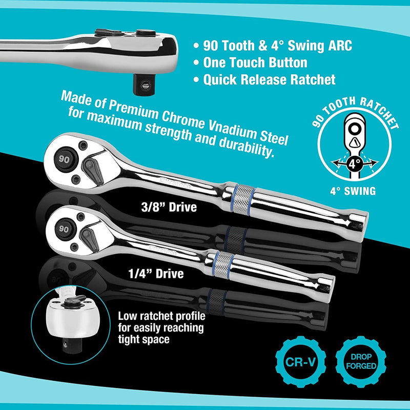 DURATECH 93 Piece Mechanics Tool Set, Sae/Metric Drive Socket Set(1/4 Inch and 3/8 Inch) with Ratchet Handle Spark Plug Magnetic Bit Driver and Tool Accessories Set