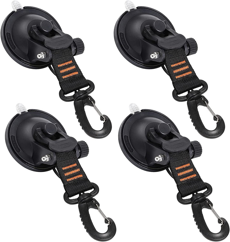 CONBOLA Suction Cup Hooks Heavy Duty 4 Pieces Car Camping Essentials Upgraded Tie down Suction Cup Camper Accessories with Securing Hook Strong Power for RV Boat Window Glass Camping Trap.(4 Pcs)