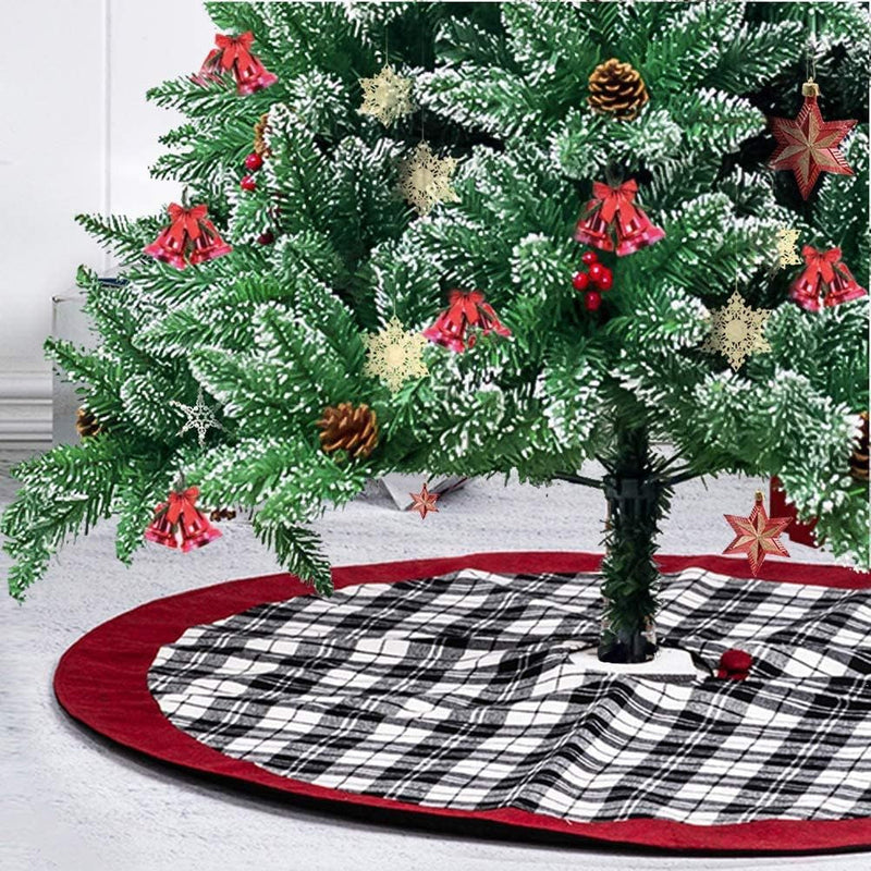 Glitzhome Christmas Tree Skirt 48" Fabric Dachshund Pattern Plaid Edge Large round Tree Skirt for Holiday Xmas Party Decorations