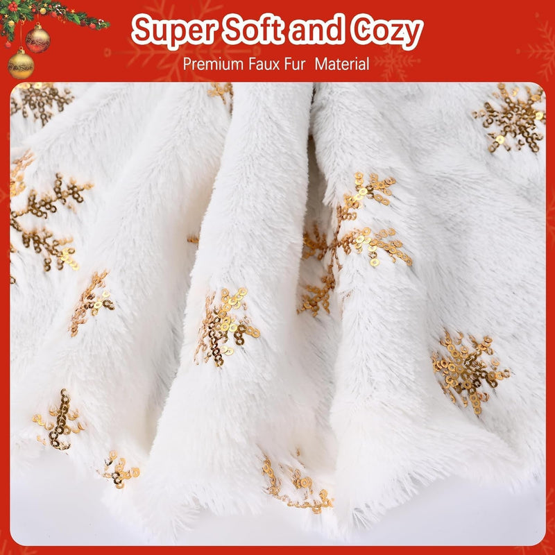 Christmas Tree Skirts 60 Inches, White Faux Fur Christmas Tree Skirt with Gold Sequin Snowflakes, Extra Large Plush Tree Skirts for Xmas Holiday Party Decorations.