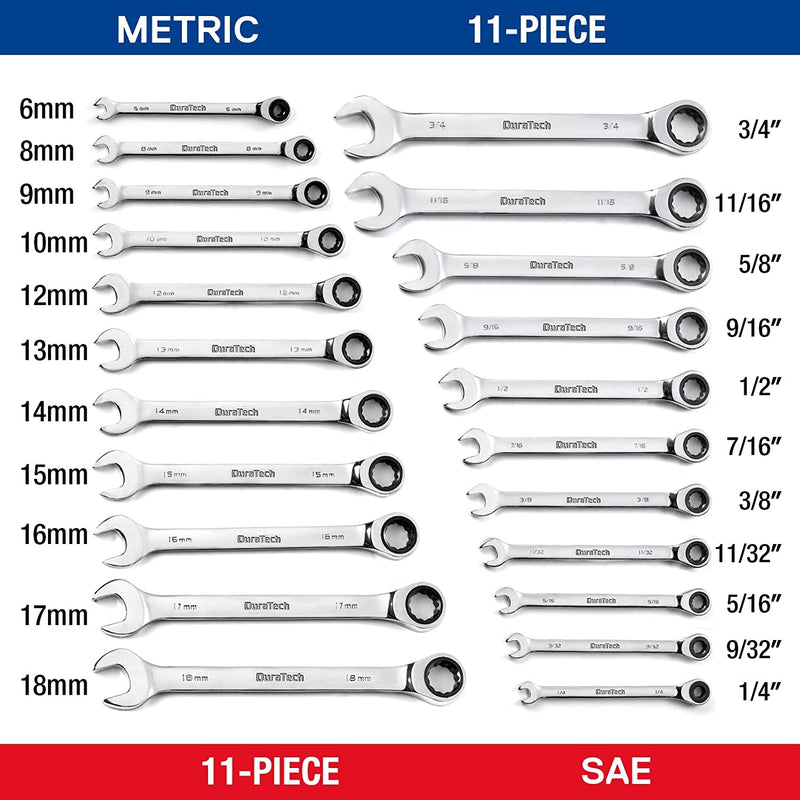 DURATECH Ratcheting Wrench Set, Combination Wrench Set, SAE & Metric, 22-Piece, 1/4" to 3/4" & 6-18Mm, CR-V Steel, with Pouch