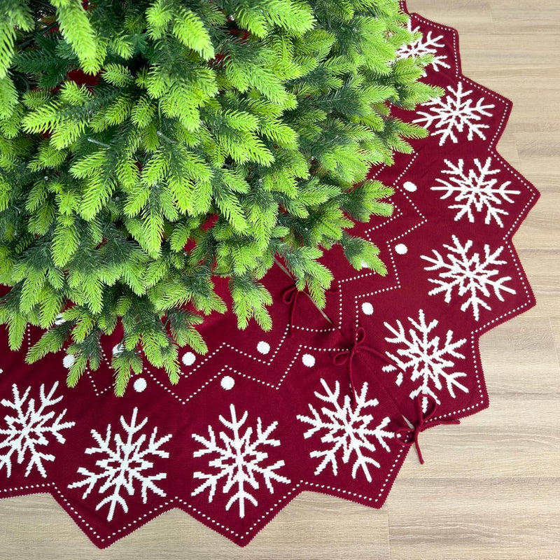 60-Inch Wavy Edged Reversible Knit Christmas Tree Skirt: Burgundy & White Snowflake Pattern with Lace Ties