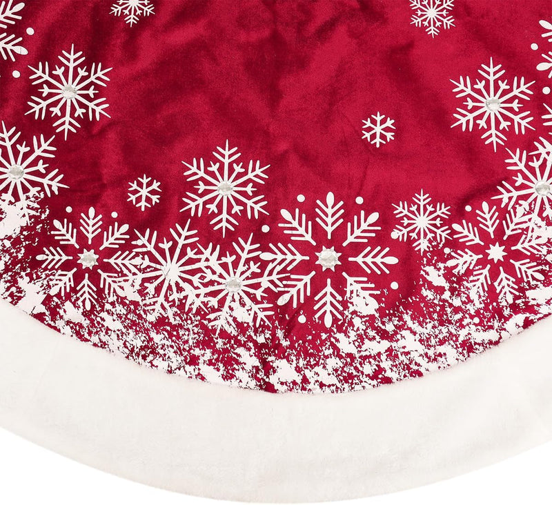 GMOEGEFT Christmas Tree Skirt 48 Inches Red Velvet with Snowflakes Xmas Decorations Holiday Decor