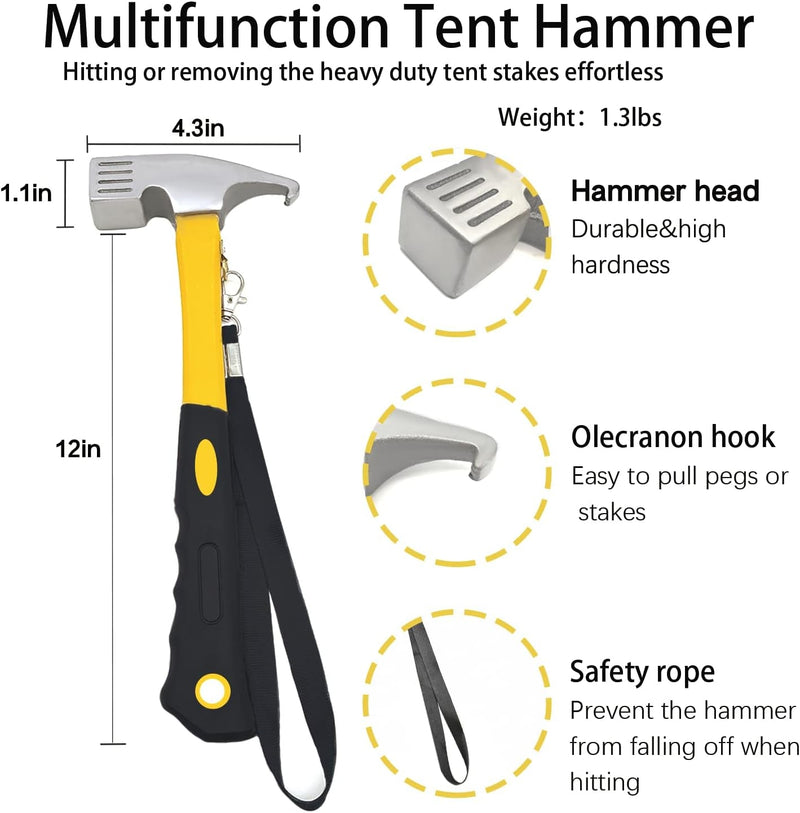 8/12/16Pack Tent Stake with Hammer, 8/10/12/16In Heavy Duty Tent Stakes + 10In Tent Stakes Hammer+Storage Pouch, Forged Steel Tent Stakes Used on Rocks (12 Pack 10In Tent Stakes+Hammer)