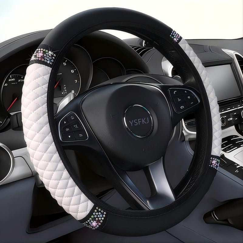 Diamond Leather Steering Wheel Cover Universal 15 Inch with Bling Bling Crystal Rhinestones, Anti-Slip Car Steering Wheel Protector for Women Girls (Black)