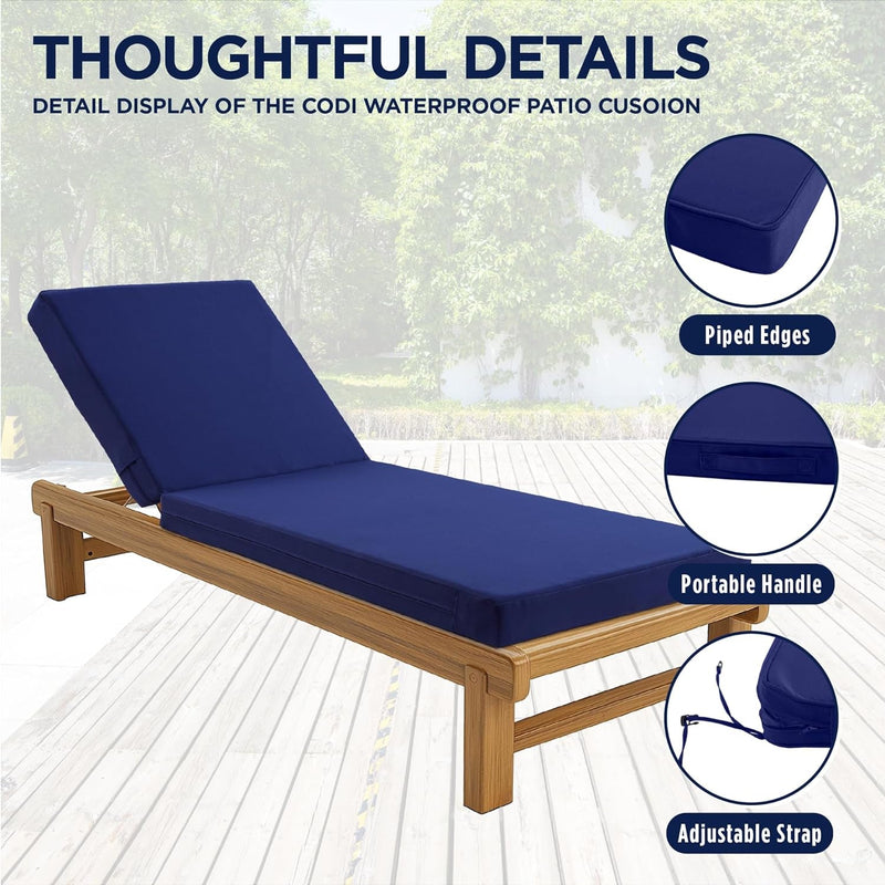 Codi Lounge Chair Cushion, Outdoor Chaise Cushions for Pool, Double Waterproof Fabric, 70 X 22.5 X 3.5 Inch Midnight Blue