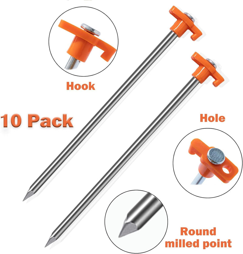 Cheardia Tent Stakes Heavy Duty, 10.25 Inch Yard Stakes Non-Rust Metal Tent Pegs Ground Stakes Tent Spikes for Camping Patio, Garden, Canopies, Grassland, Outdoor (20, Orange)