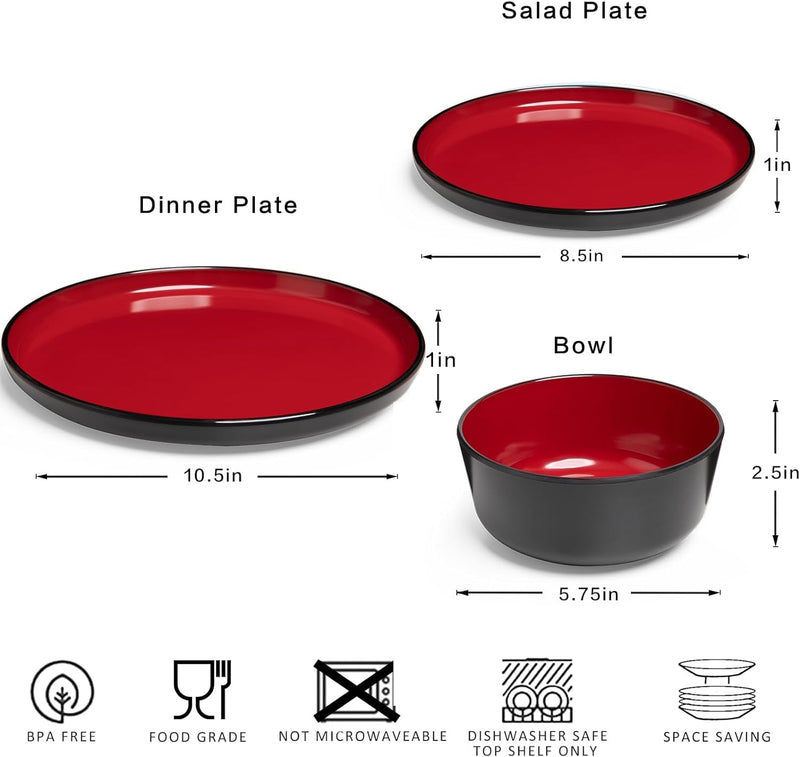 12-Piece Dinnerware Sets for 4 - Dinner Plates, Dessert Plates, Cereal Bowls, Lightweight Melamine Plates and Bowls Sets, RV, Kitchen Dishes for Outdoor Use, Red and Black