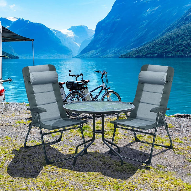 Giantex Set of 2 Patio Dining Chairs with Footstools, Folding Recliner Chairs with 7-Position Adjustable Backrest, Headrest, Mesh Bag, Outdoor Portable Lounge Chairs for Poolside Backyard, Grey