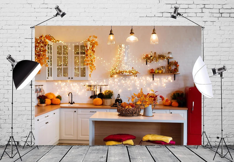 BELECO 7X5Ft Fabric Thanksgiving Kitchen Backdrop Autumn Pumpkin Maple Leaves White Cabinet Kitchen Cooking Tools Modern Kitchen Background Fall Thanksgiving Themed Party Decoration Photo Studio Prop