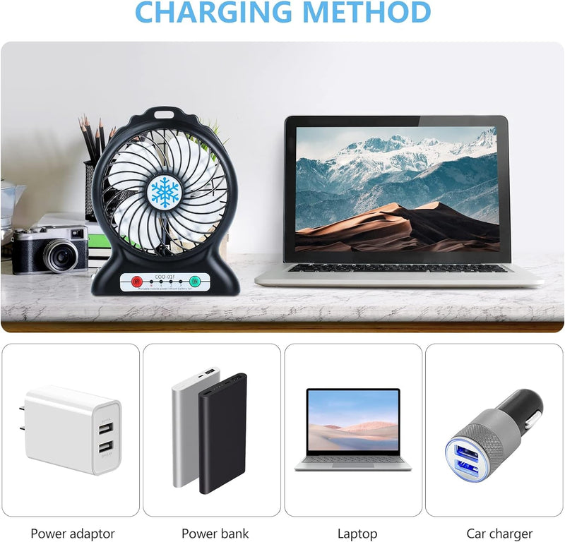 Desk Fan Rechargeable, Mini Portable Fan,3 Speeds Desktop Table Cooling Fan, LED Light, Quiet Personal Fan for Home, Office, Camping, Outdoor, Travel, Indoor