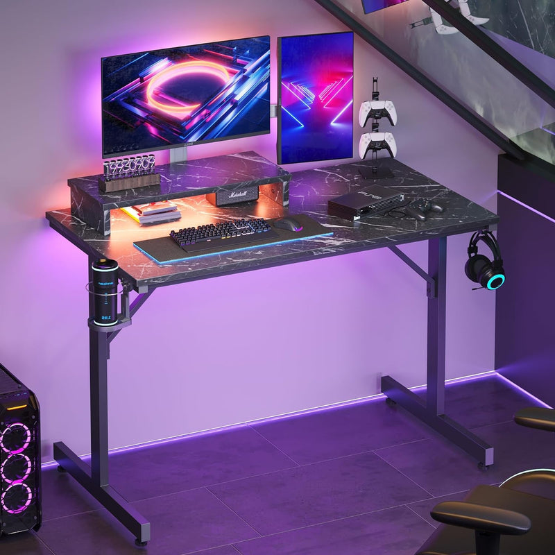 Bestier Small Gaming Desk with Monitor Stand, 42 Inch LED Computer Desk, Gamer Workstation with Cup Holder & Headset Hooks, Modern Simple Style Desk for Home Office, Black Marble