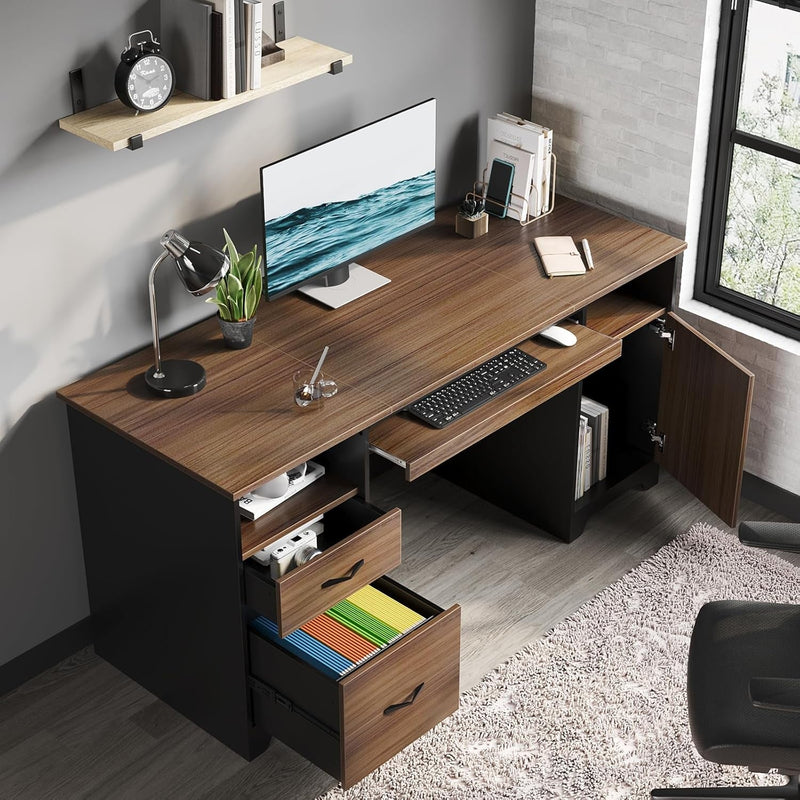 Bestier 59” Executive Desk with 2 Drawers, Computer Desk with Storage Cabinet, Industrial Wood Desk with File Drawer, Keyboard Tray & 2 Pedestals for Home Office & Studio, Cherry