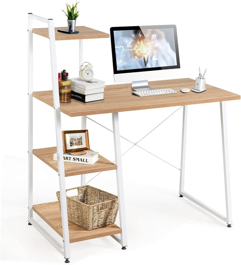 COSTWAY Computer Desk with 4-Tier Storage Shelves, Home Office Desk Writing Table with Sturdy X-Shape Frame, Adjustable Foot Pads, Modern Small Study Desk, Wide Tabletop (Natural and White)