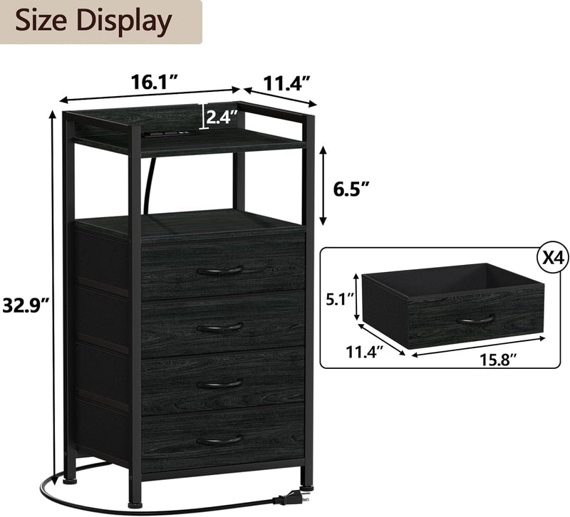 Furnulem 4 Drawer Nightstand with Shelf, Tall Black Dresser for Bedroom with Led Light and Charging Station, Bed Side Table for Living Room, Fabric Storage Bins, Metal Frame, Wood Furniture