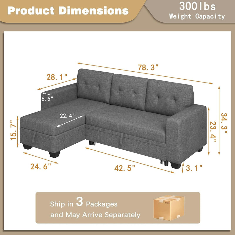 Furmax Sleeper Sofa, Sofa Bed L Shaped Sectional Couch with Reversible Storage Chaise Lounge, Modern Fabric Pull Out Couch & Couch Bed for Living Room Small Space (Grey)