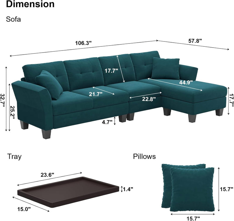 Belffin Velvet Sectional Couch L Shaped Sofa 4 Seater Sofa with Chaise L-Shaped Couches Convertible Sectional Sofa Peacock Blue
