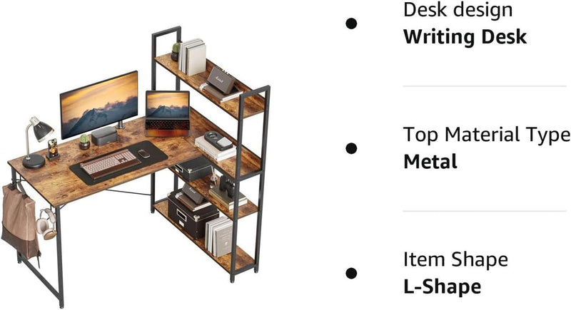 Cubicubi Computer Corner Desk with Storage Shelves, 47 Inch Small L Shaped Computer Desk, Home Office Writing Desk with 2 Hooks, Black