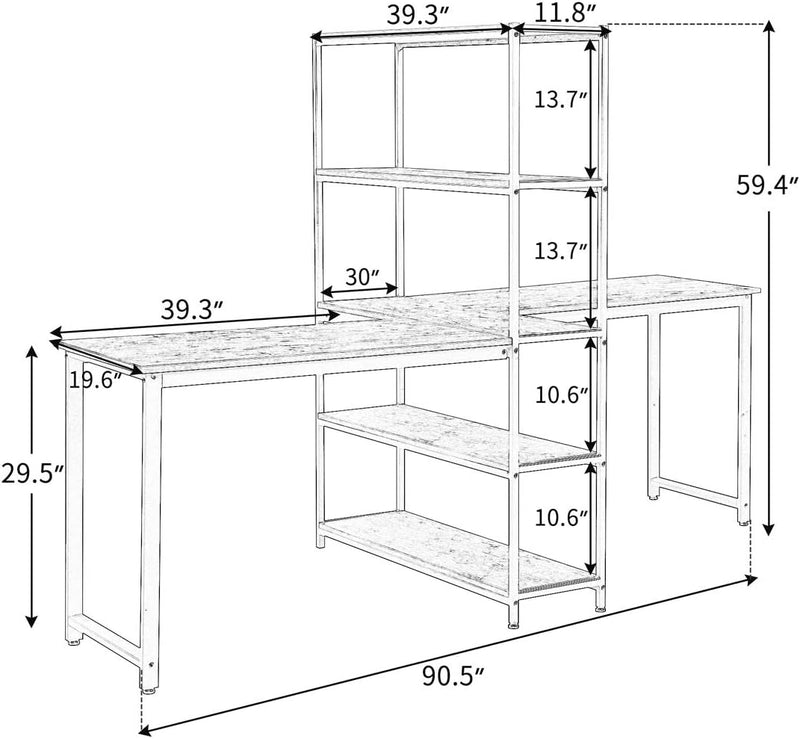 Home Office Two Person Computer Desk with Shelves, Extra Large Double Workstations Office Desk with Storage Shelves (Brown)