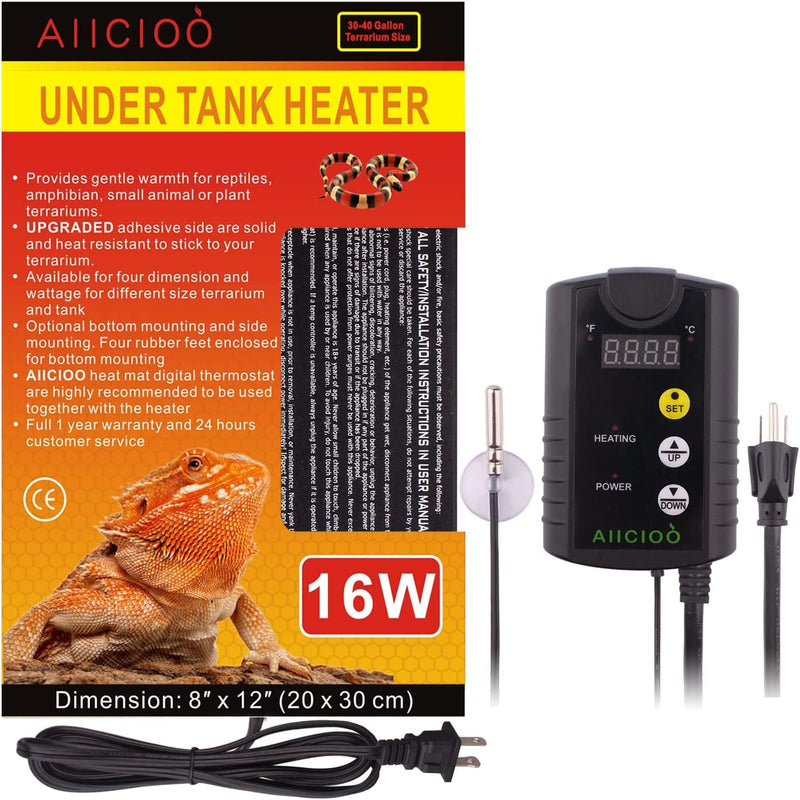 Aiicioo under Tank Heater Thermostat - Reptile Heating Pad with Temperature Control Reptile Heat Mat for Combo Set for Hermit Crab Lizard Terrarium 16W