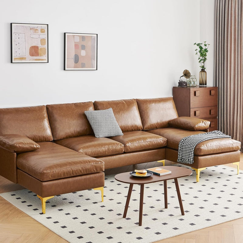 110" U Shaped Sectional Sofa Couch, Mid Century Modern Decor 4 Seater Sofa, Bedroom Apartment Office Sectional Sofa Bed, Caramel