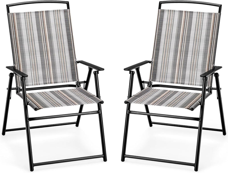 Giantex Patio Chairs Set of 4, Outdoor Folding Chairs with Armrests, Metal Frame, outside Foldable Dining Chairs for Lawn Deck Porch Beach Yard (Gray & Black)