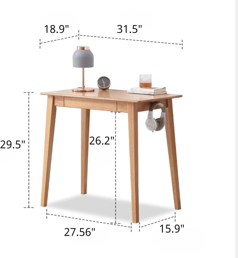 100% Solid Oak Wood Desk Office Desk with Drawer - Small Desk with Drawers for Home Office and Dormitory, Easy Assembly (Natural, 31.5")