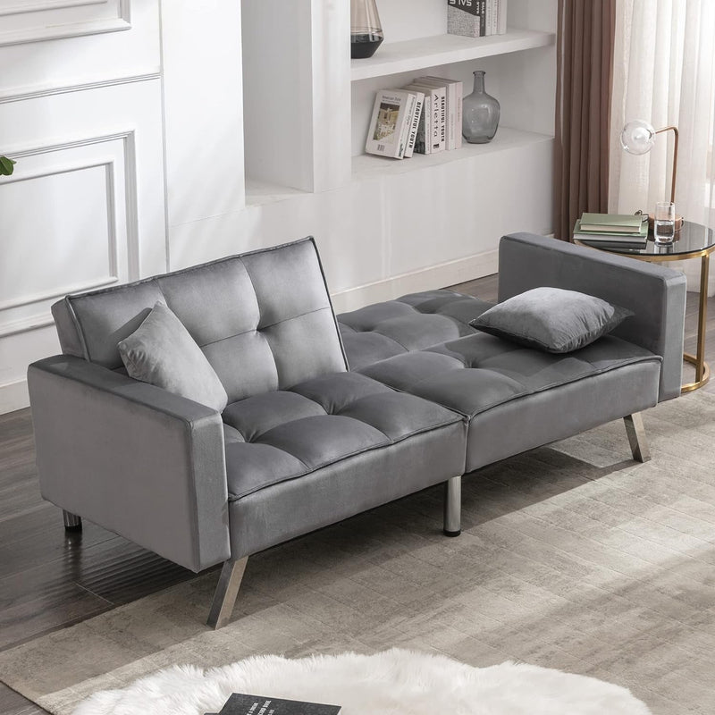 Civama Futon Sofa Bed, Velvet 76" Twin Size Couch with 2 Pillows, 3-Seater 3 Angles Convertible Tufted Loveseat Sleeper for Living Room, Modern Upholstered Armrest Folding Futon, Gray, Metal Leg