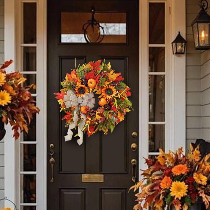 Fall Wreaths for Front Door, Sunflower Autumn Wreath, Pumpkins and Burlap Bows, for Halloween Christmas Farmhouse Indoor Outdoor Outside