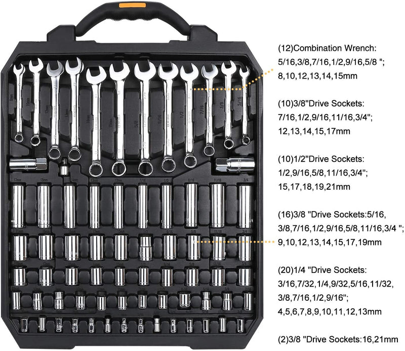 DEKOPRO 192 Piece Mechanics Tool Set Socket Wrench Set, Plastic Storage Case with Auto Repair Hand Tool Kit Wrench Tool Box Set